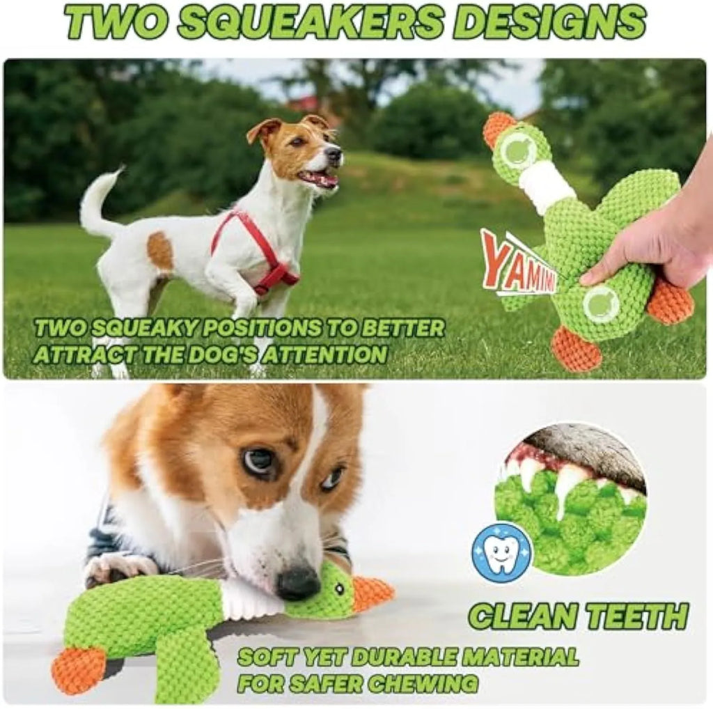 Blue duck-shaped plush dog toy with two squeakers measuring 33cm long