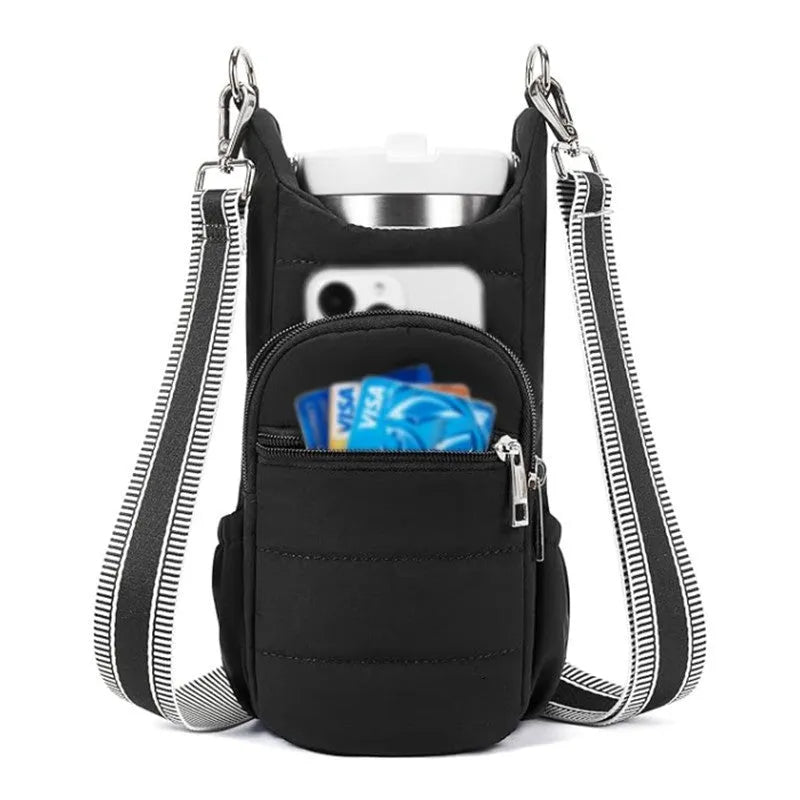 Cloth water bottle bag for bicycles in beige, black, or pink colour.