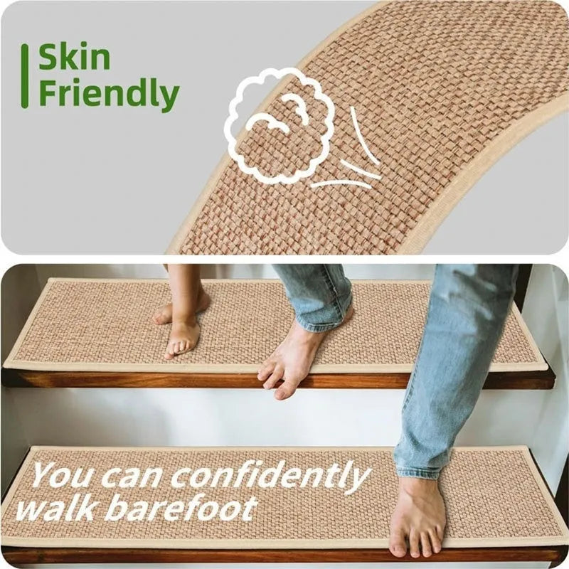 Japanese-style linen textured stair mat with rubber bottom in camel colour