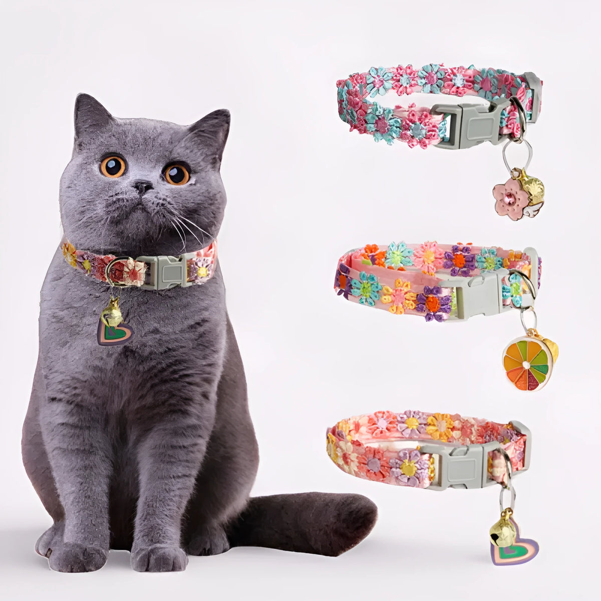 Lace embroidery trim bell cat collar in polyester, free size, shown in flower and love style patterns