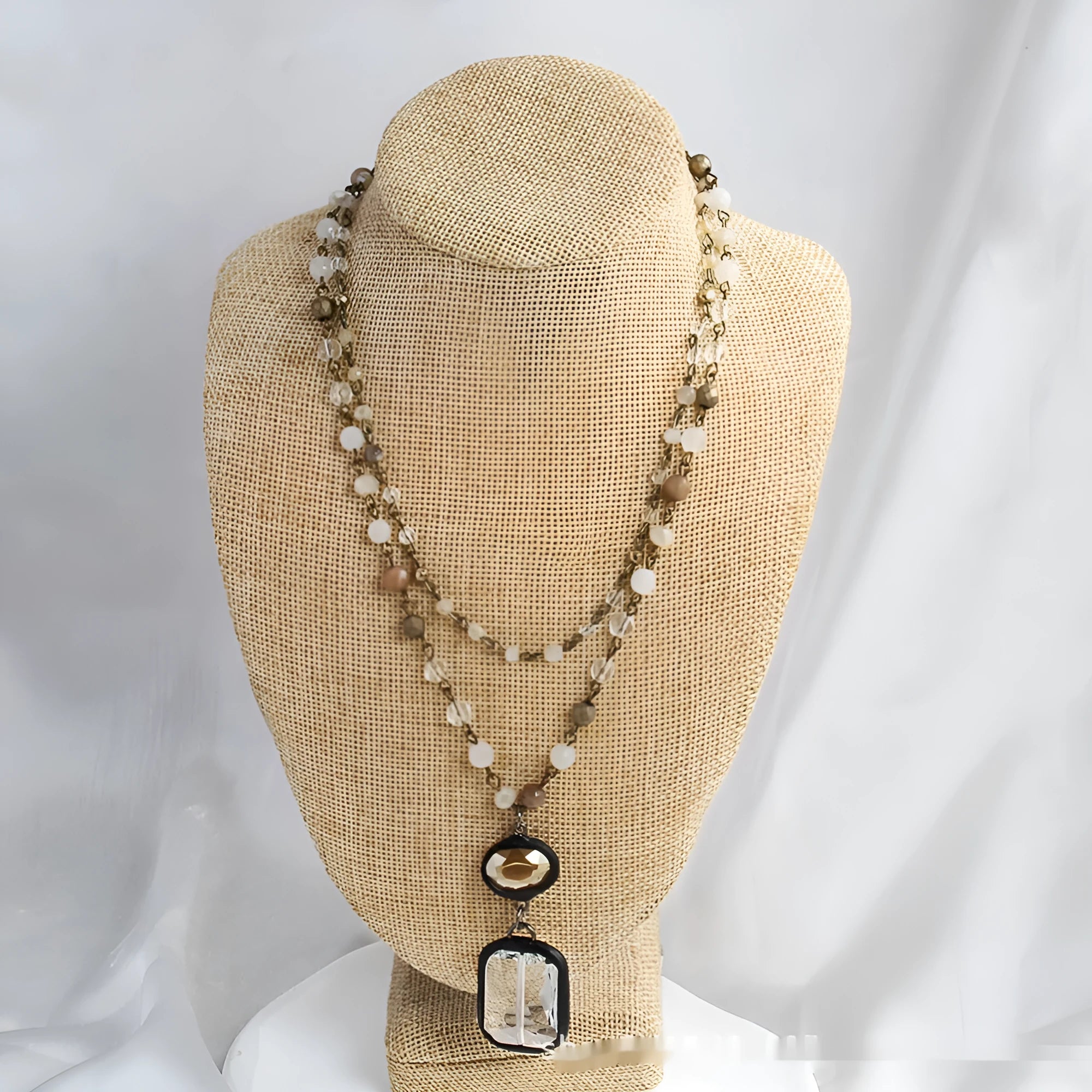 Tribal style necklace with stone and glass pendant on adjustable alloy chain in retro design