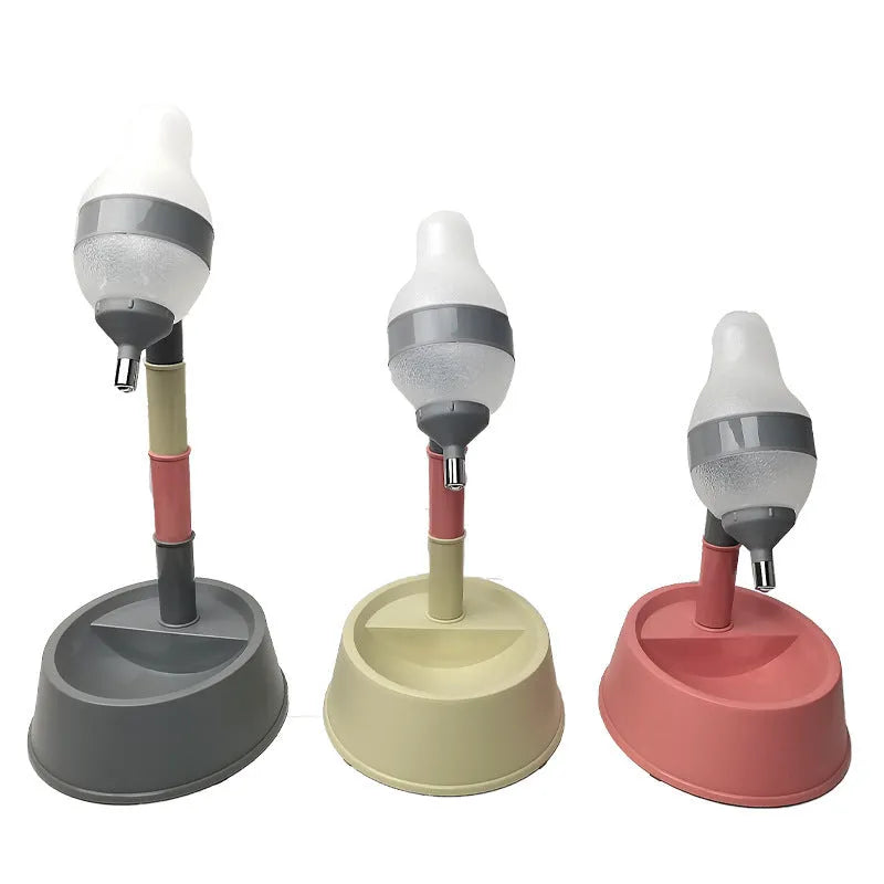 Height-adjustable pet water dispenser with detachable bars, anti-slip base and steel drinking nozzle in green, grey or pink colour