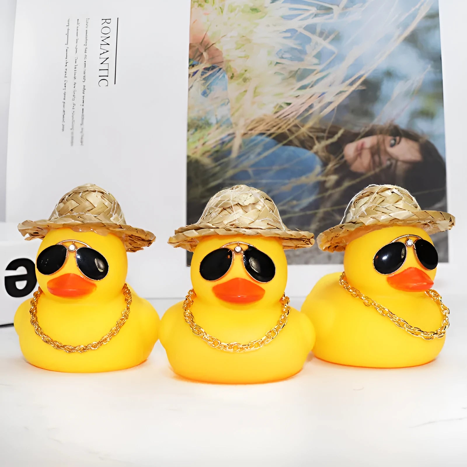 Cartoon straw hat yellow duck car decoration ornament with matte finish and sunglasses necklace