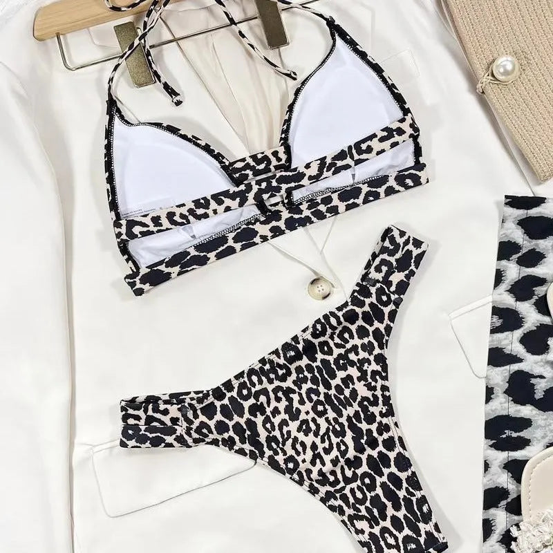 Women's leopard-print high-waist bikini set in polyester for swimming and wading, sizes S M L