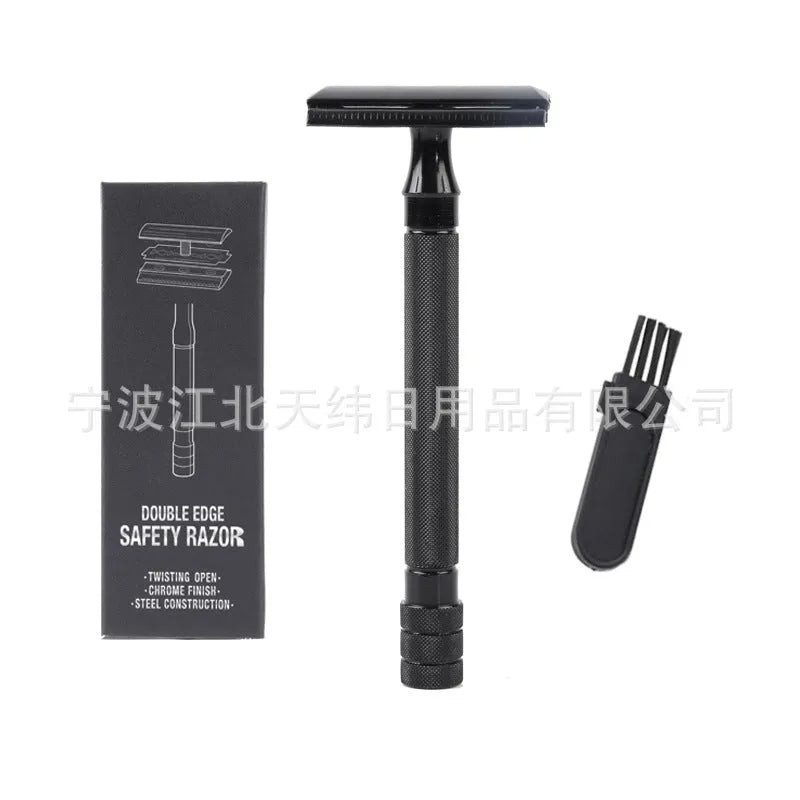 Traditional manual shaving metal scraper and brush set in black or silver for wet shaving