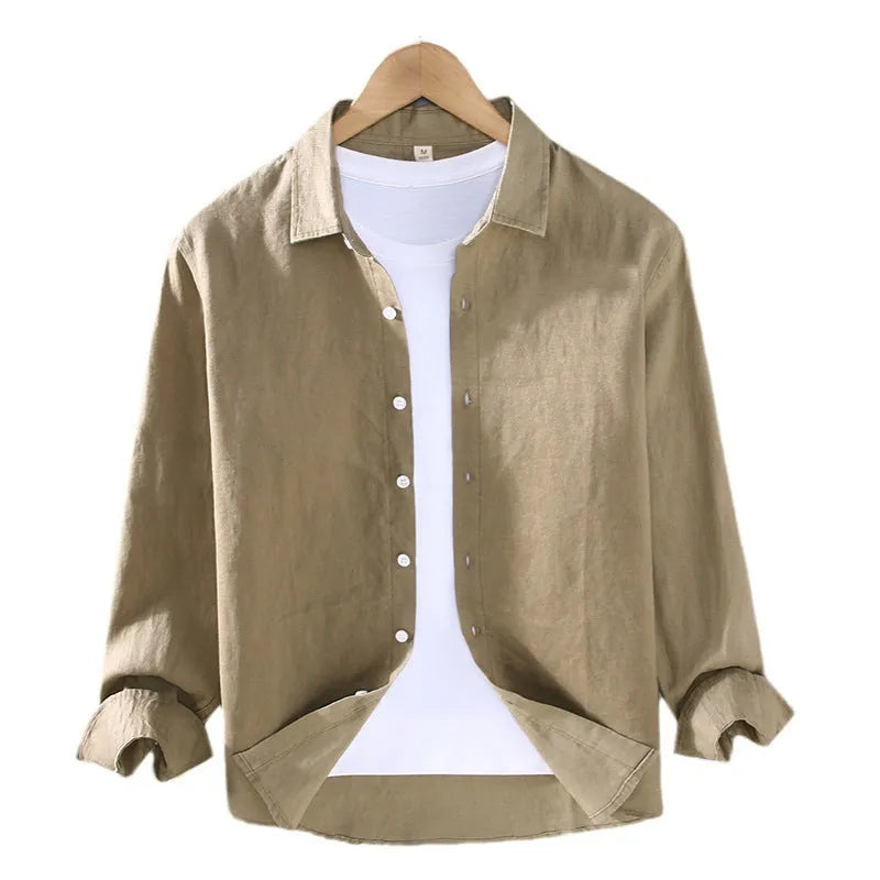 Men's linen shirt in cardigan style with long sleeves showing solid colour options