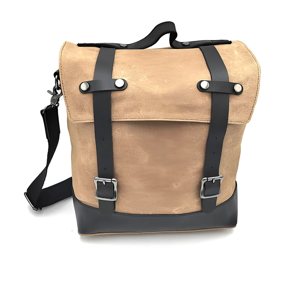 Universal waterproof canvas motorcycle side pannier pack with leather reinforcement in black colour