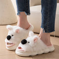 Women's linen indoor slippers with cartoon animal design, thick EVA sole, available in pink and white