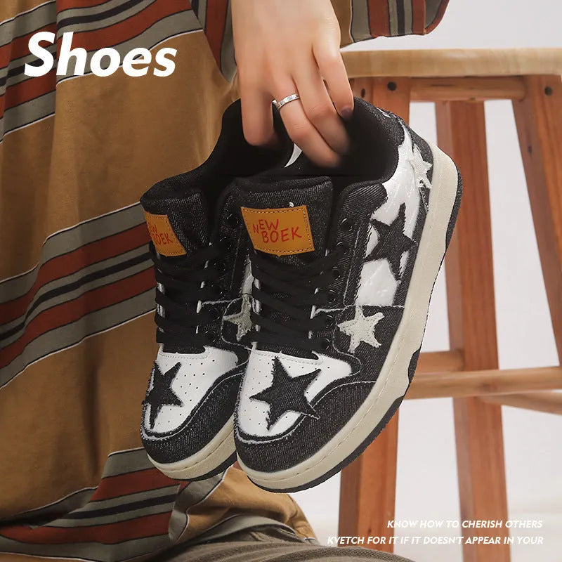 Korean style denim couple skateboard shoes in black, green, or pink with flat rubber sole