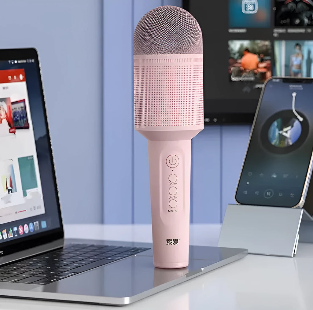 Audio integrated wireless Bluetooth USB karaoke microphone in pink, blue and green colour options