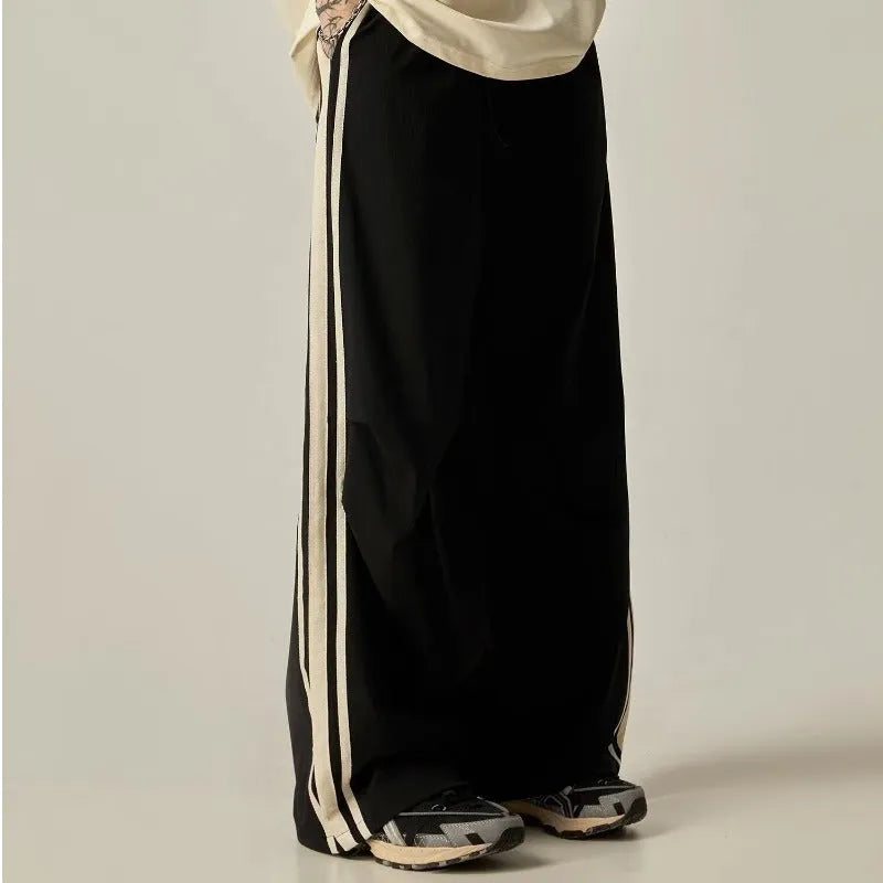 Black men's wide leg climbing trousers with high waist and straight-leg design
