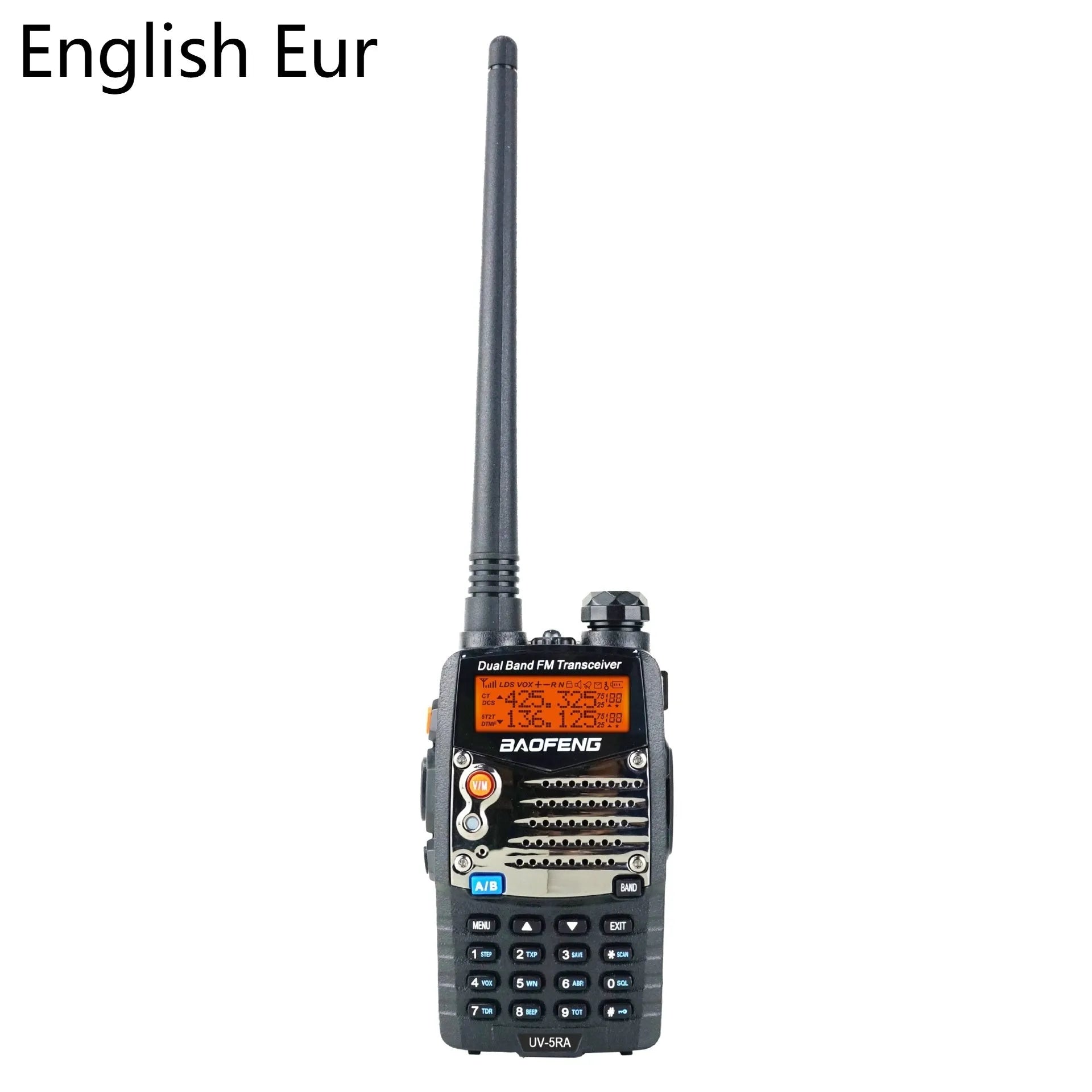 Baofeng UV-5RA black dual-band two-way radio with LCD dual display, shown with optional headset.