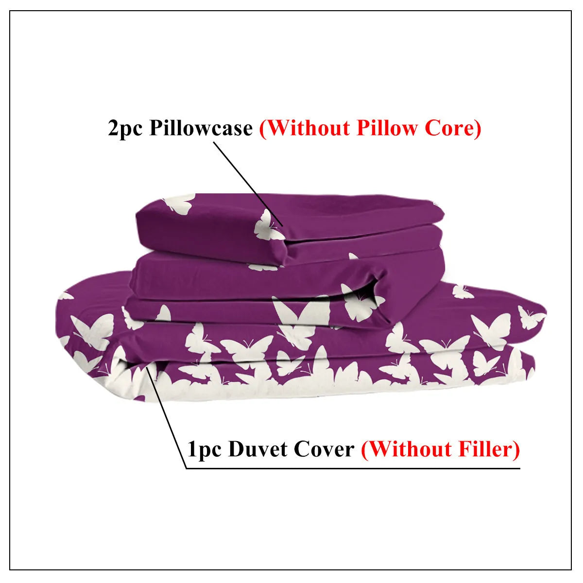 Purple butterfly reversible microfiber comforter set with two pillow shams on bed