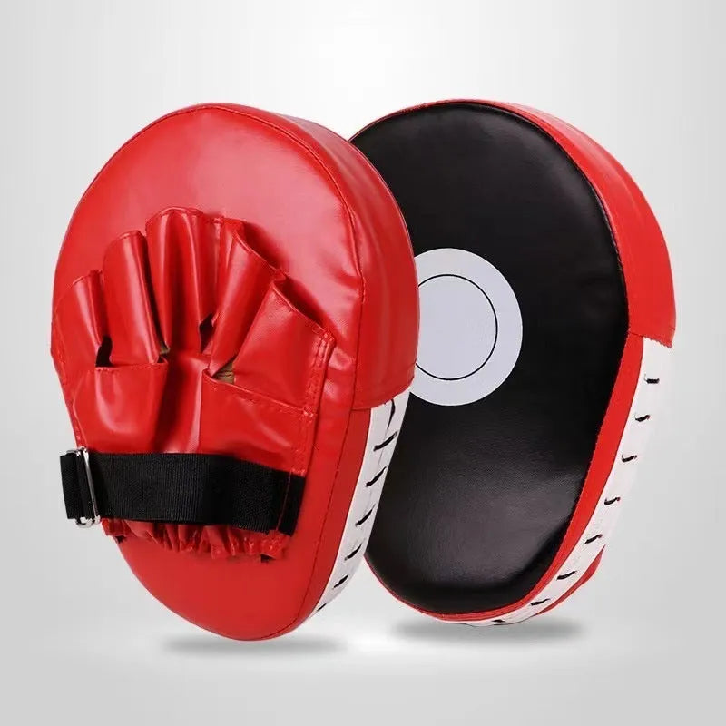 PU leather boxing punch mitts for martial arts training in red, black, blue, and yellow colour options.