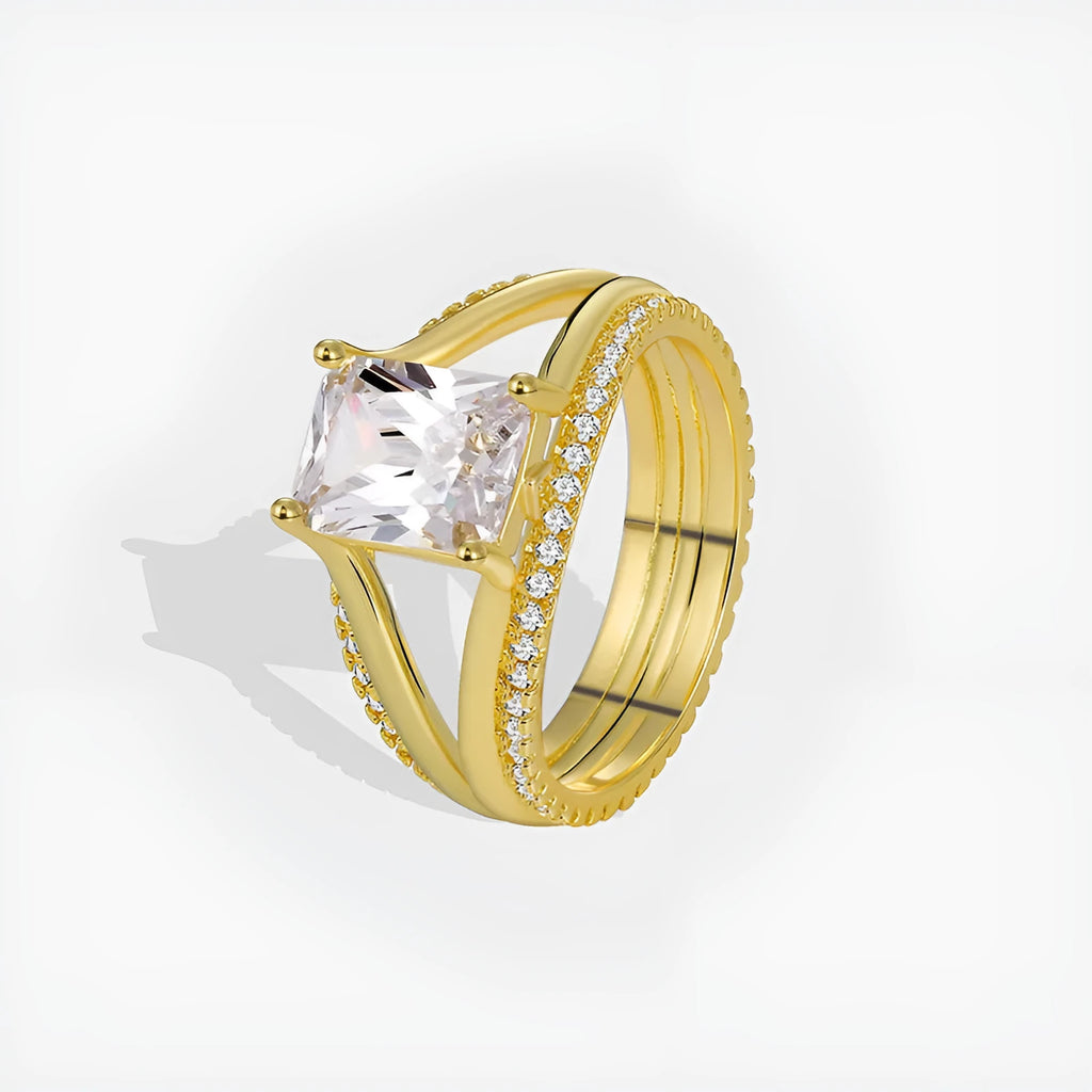 Gold coloured geometric women's ring with square zircon detailing on copper with electroplated finish
