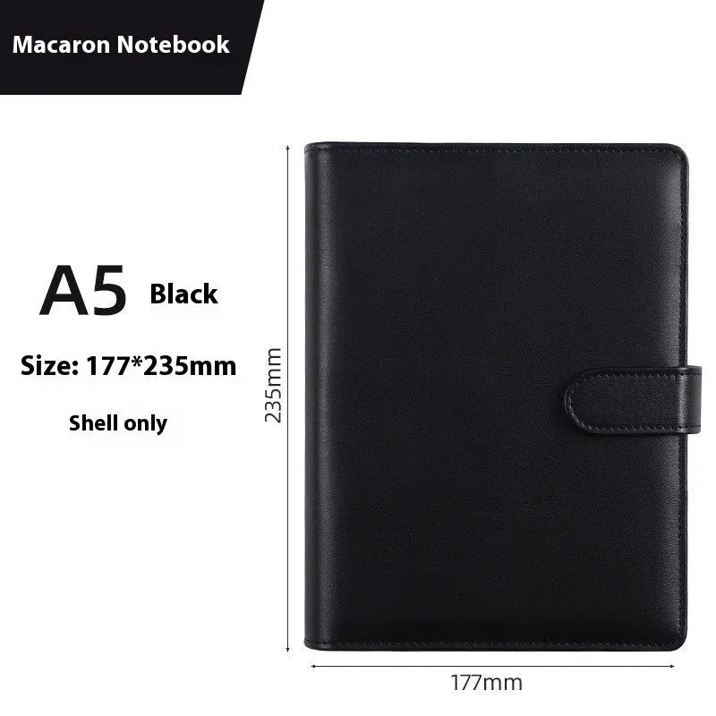 A5 PU leather notebook binder shell with zipper closed, shown in a selection of solid colours.