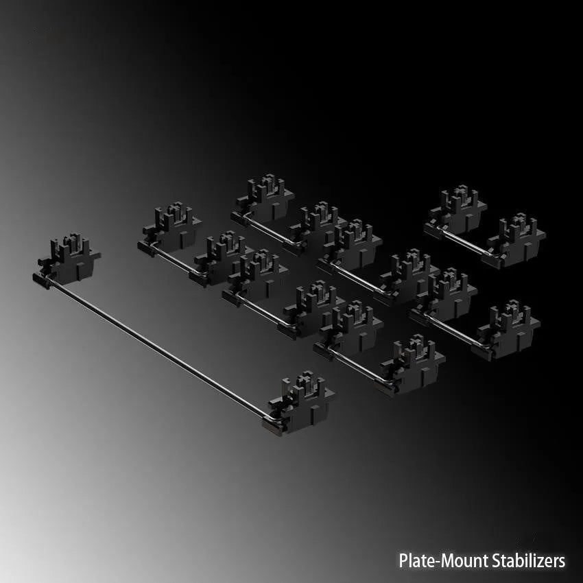 Mechanical keyboard stabiliser kit showing black and milky white 6.25U and 7U satellite axis components