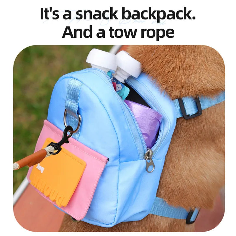 Blue adjustable pet backpack harness with storage compartments and breathable mesh panels for dogs