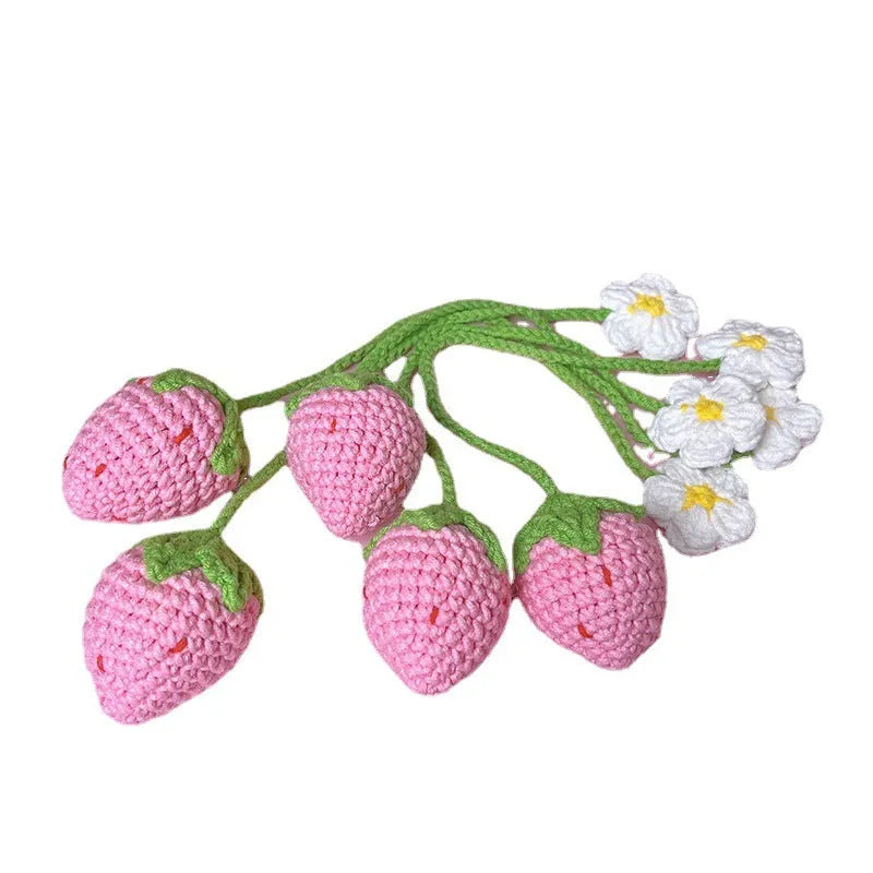Wool crochet woven strawberry pendant with 35cm cord in pink or red colour options
