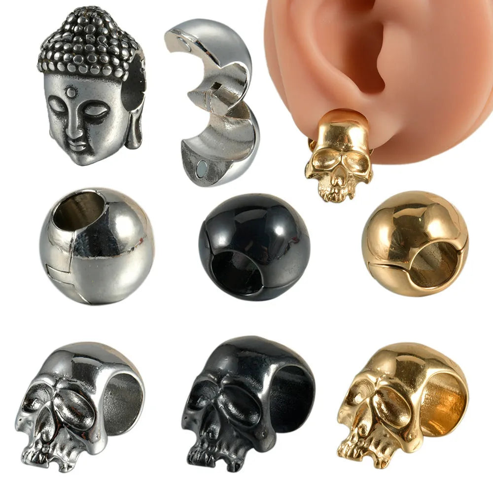Stainless steel hollow skull Buddha earrings with geometric design in four colour options