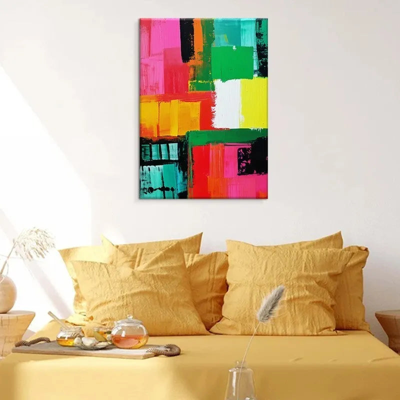Hand painted abstract oil painting on canvas, colourful vertical wall art, no frame