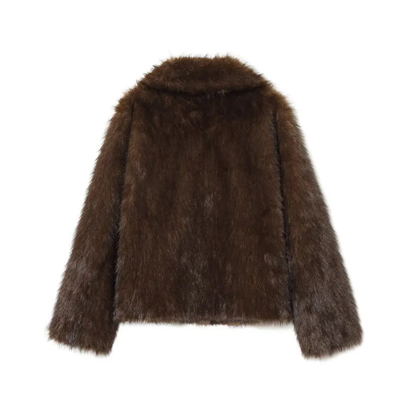 Brown women's faux fur effect jacket with faux fur collar, long sleeves, 50cm length, sizes XS-L.
