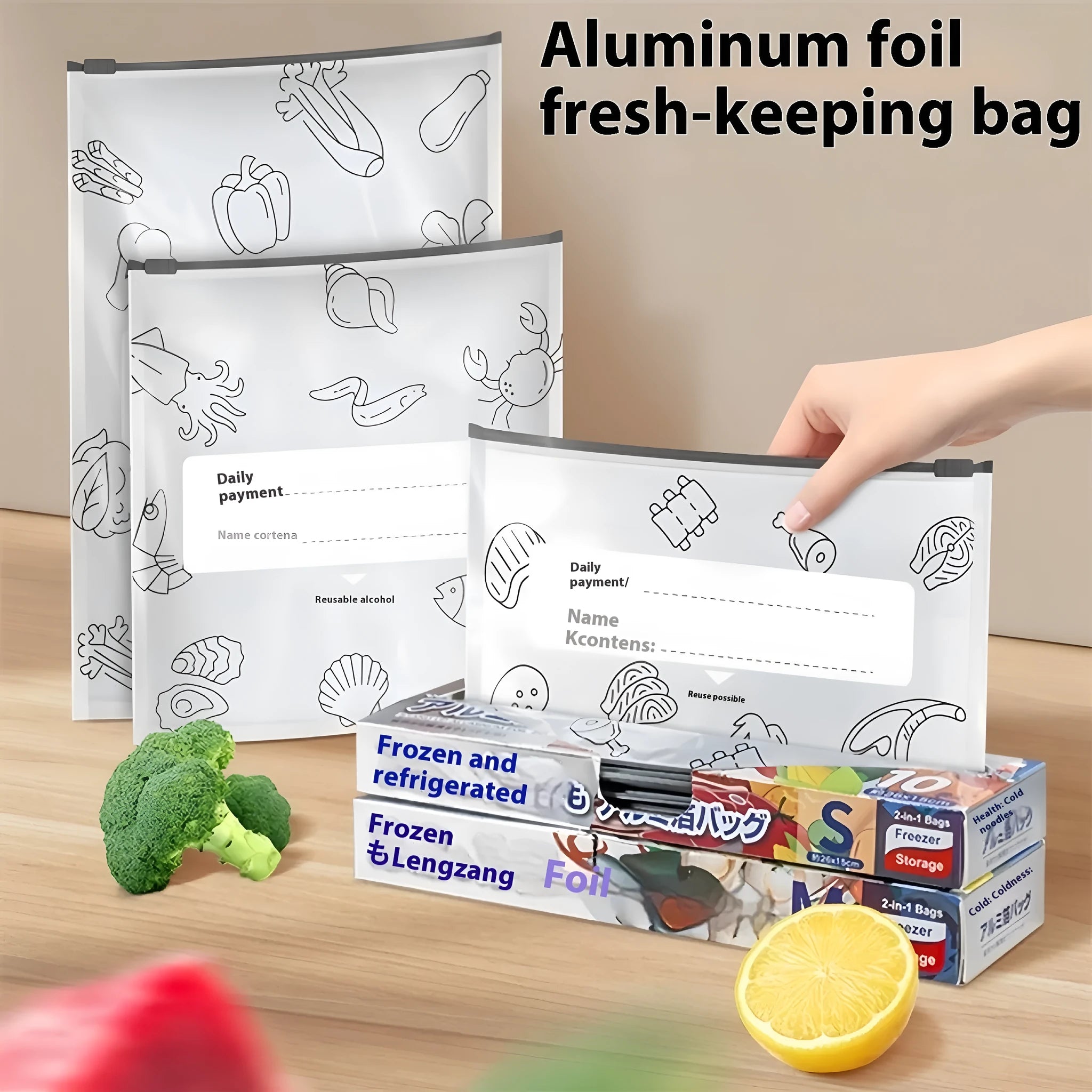 Set of three aluminium foil sealable fresh bags in small, medium, and large sizes with ziplock closures.