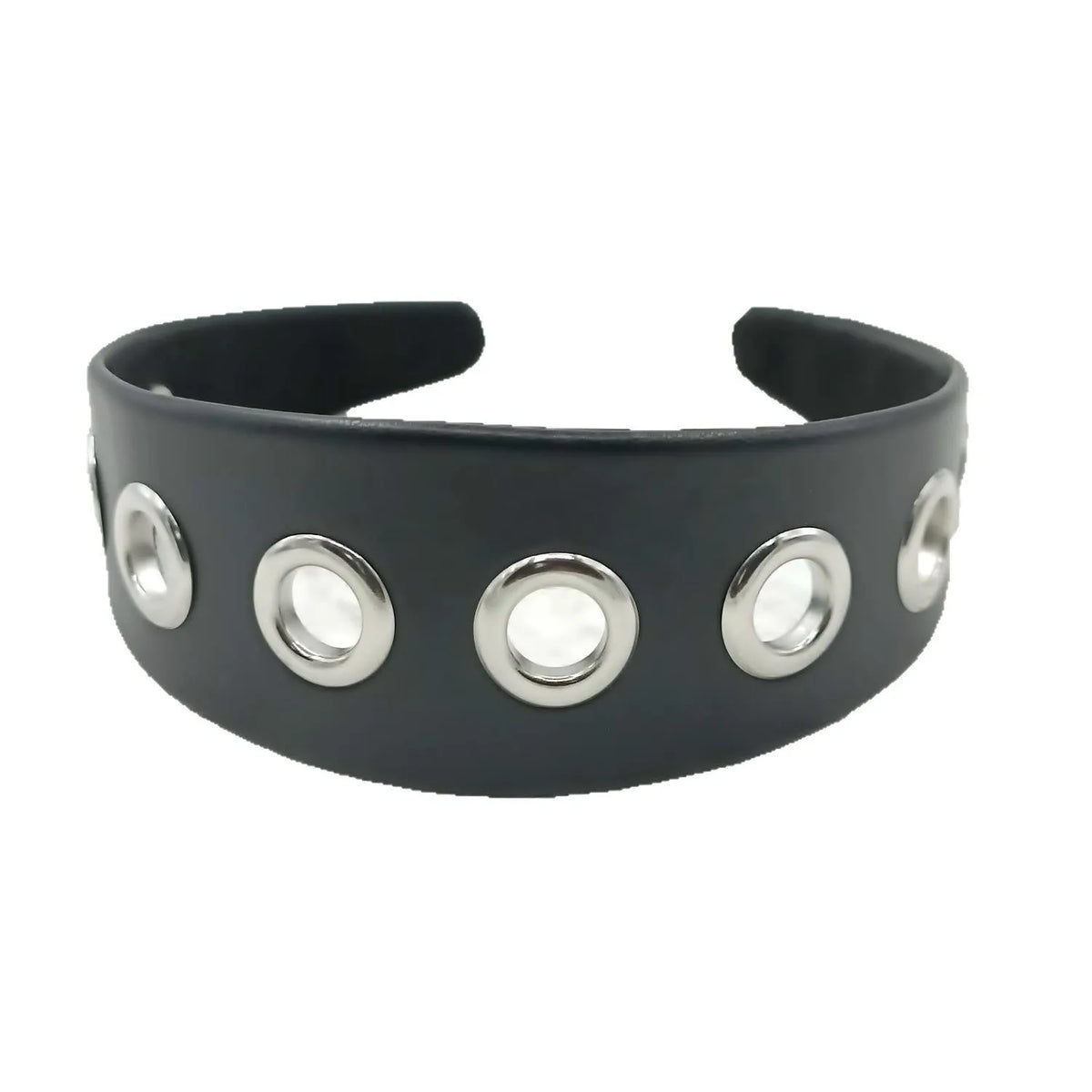 Black faux leather wide version women's headband with round, square, and dotted rivets