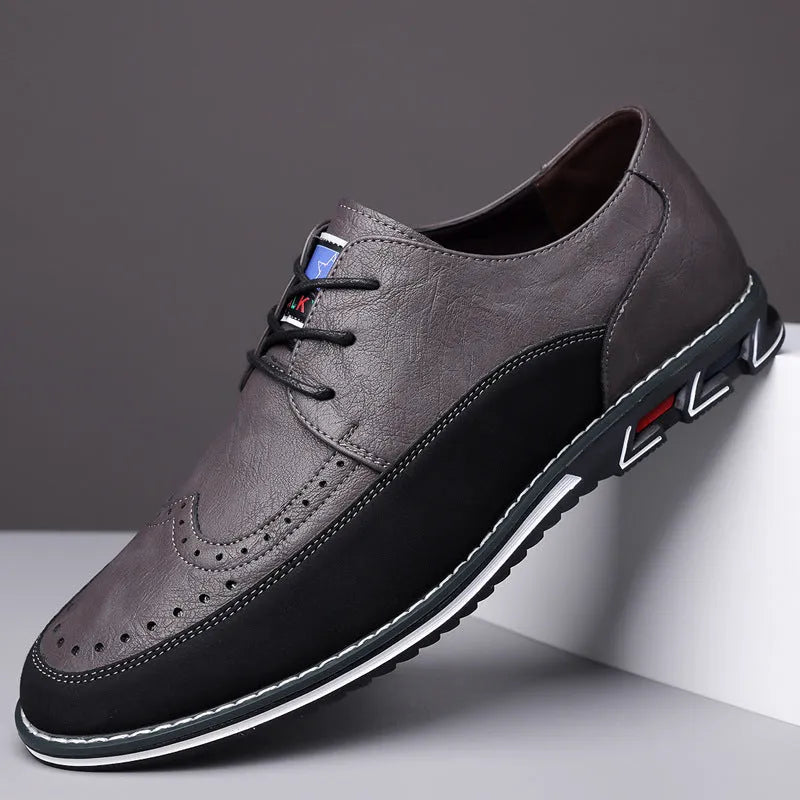 Men's low-top casual leather shoe in multiple colours with rubber sole and sewing line detail.