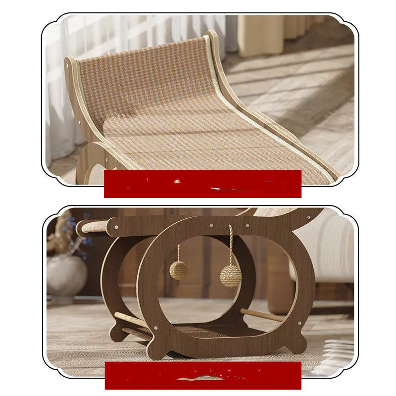 Solid wood cat scratcher bed with sisal matting in walnut colour finish