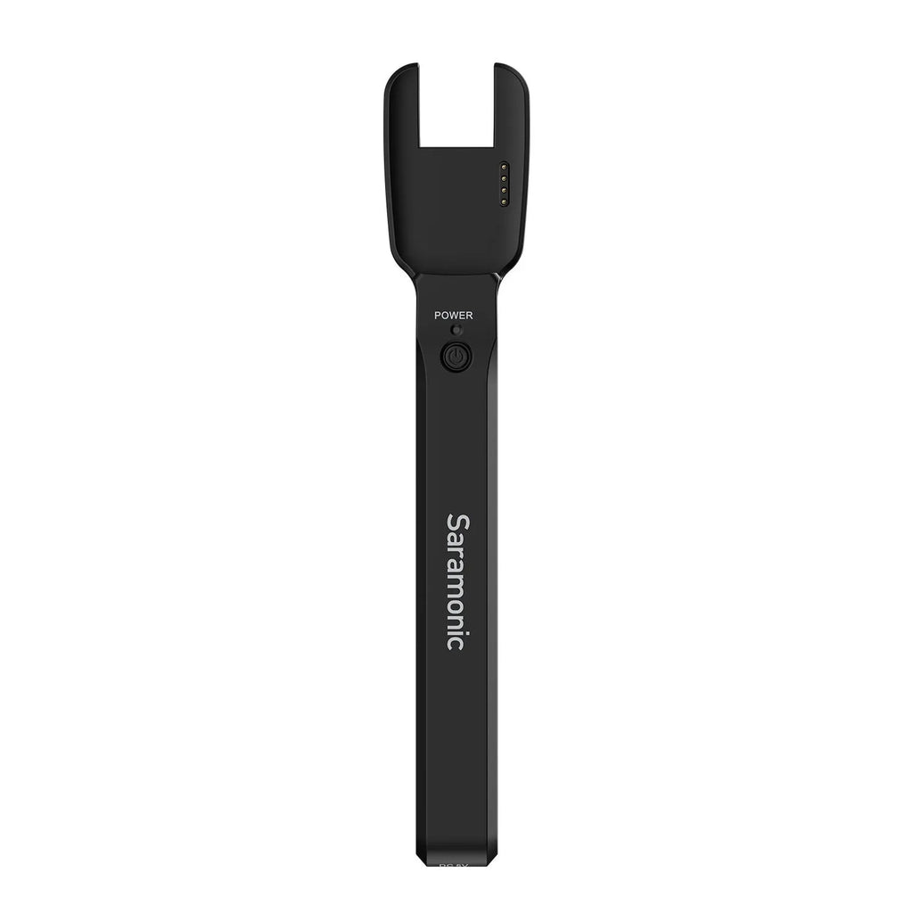 Wireless lapel microphone clip Little Bee with OLED display and 3.5mm input on black background