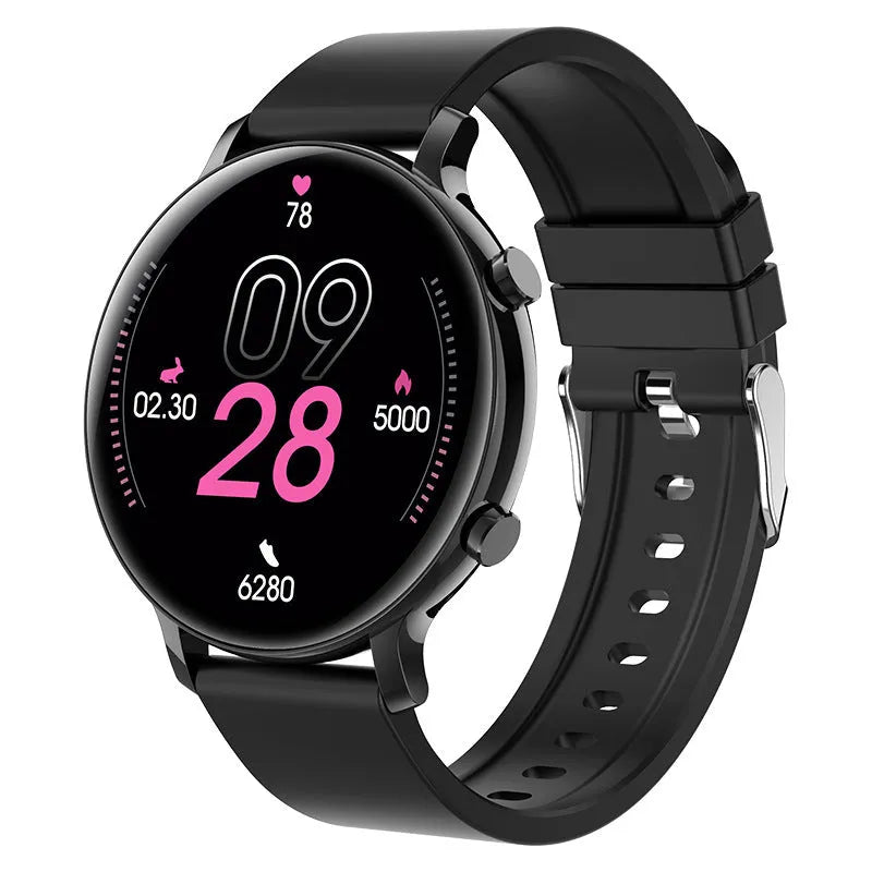 Bluetooth smartwatch with stainless steel strap on wrist, showing call and heart rate interface.