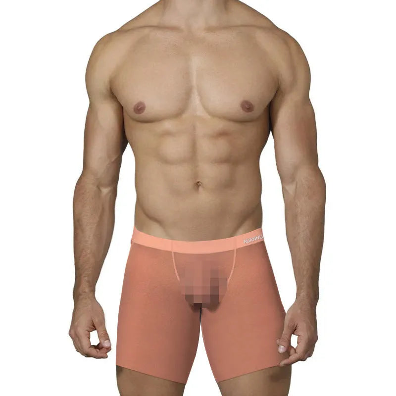 Men's low-waist boxers in solid orange, pink, and red colours made from knitted nylon ice silk fabric.