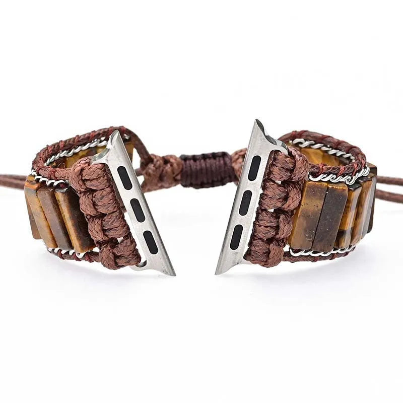 Rectangular tiger eye stone chain on a brown textile adjustable watch strap for men.
