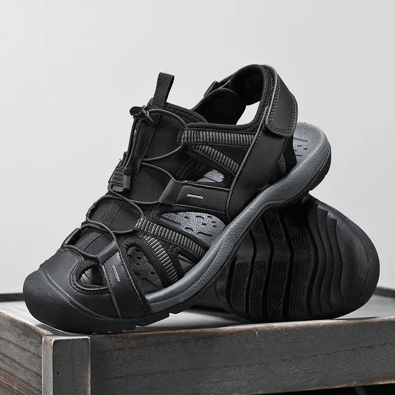 Men's blue and black casual sports shoes with mesh upper and Velcro strap.