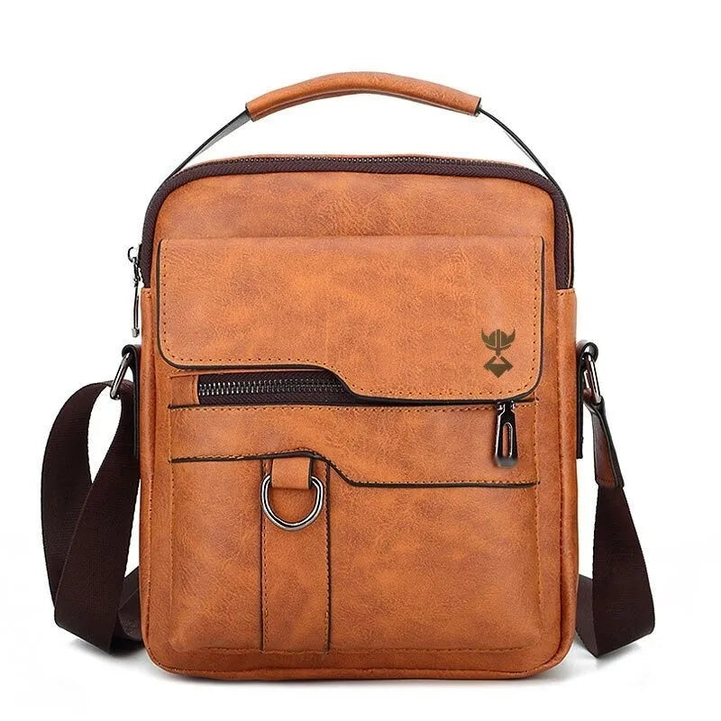 Khaki PU leather men's casual shoulder bag showing square vertical shape and zipper opening.