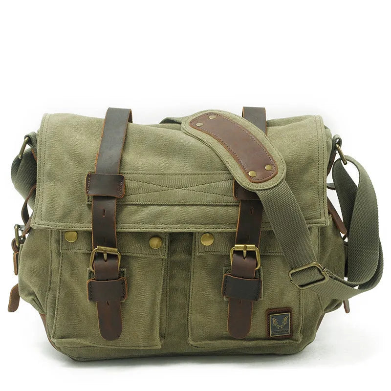 Men's vintage style canvas crossbody shoulder bag with postman design and internal organisation compartments