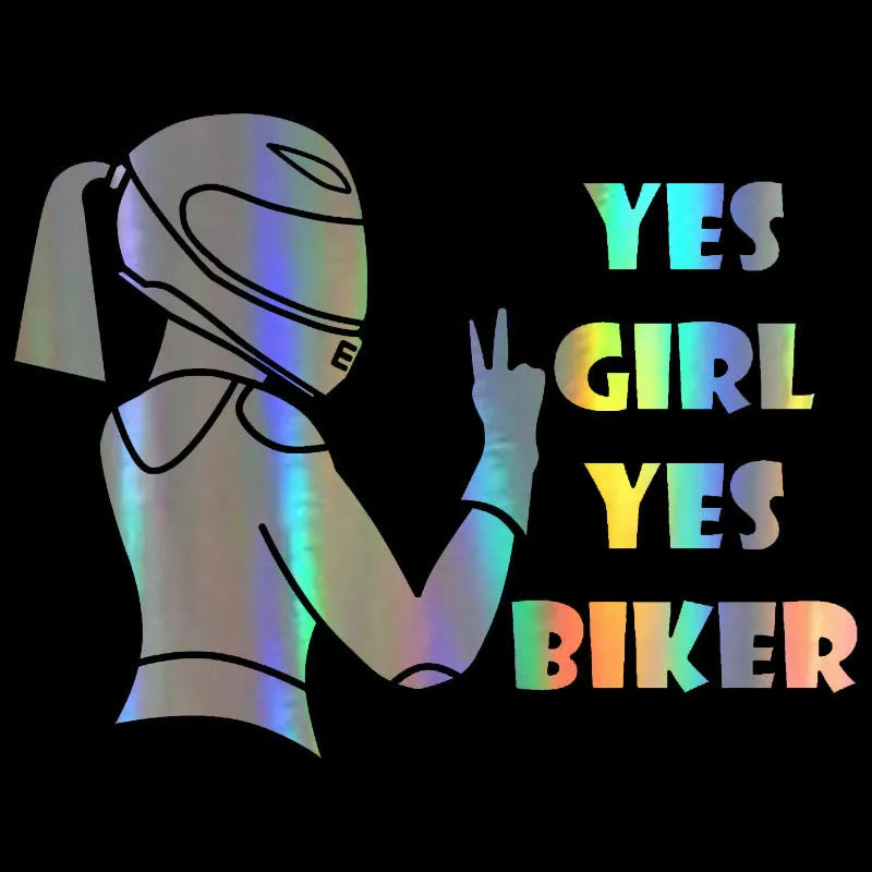 Cool girl rider character car waterproof sticker measuring 16cm by 15cm in black, white, and laser colours.