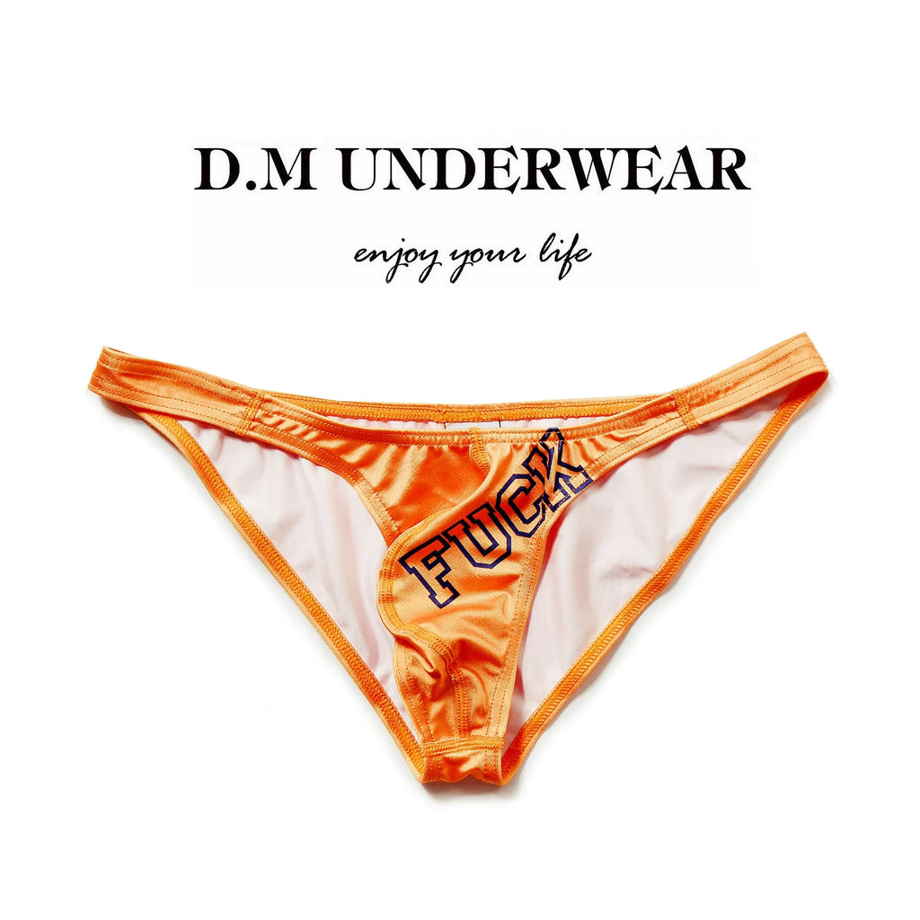 Low waist briefs for couples in white, black, or orange polyester with letter detail and small triangle cut.