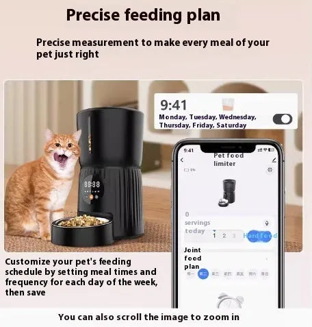 Black intelligent pet feeder with automatic timing and quantitative remote control for cats and dogs