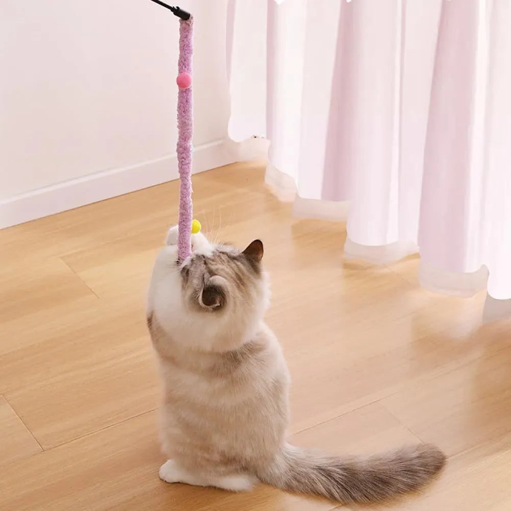 Blue interactive cat wand toy with a long plush strip and fluffy ball with bells.