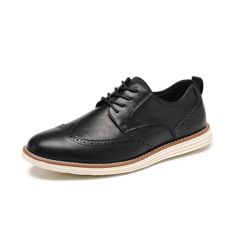 Men's black and brown slip-on business casual shoes with round toe and low-top design