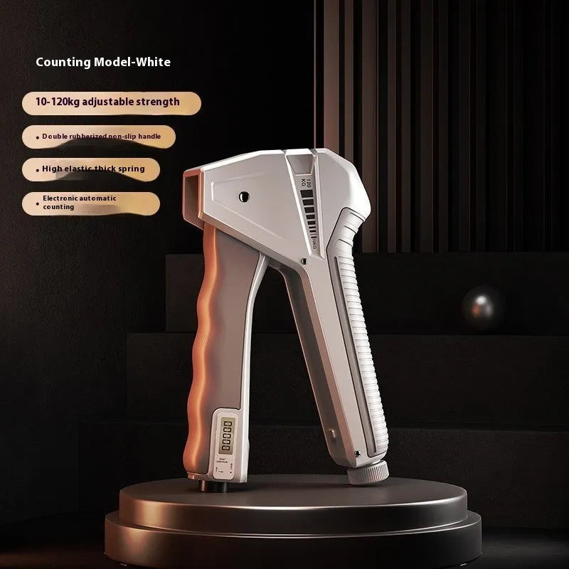 Adjustable hand gripper with mechanical counter showing resistance settings from 5 to 60kg