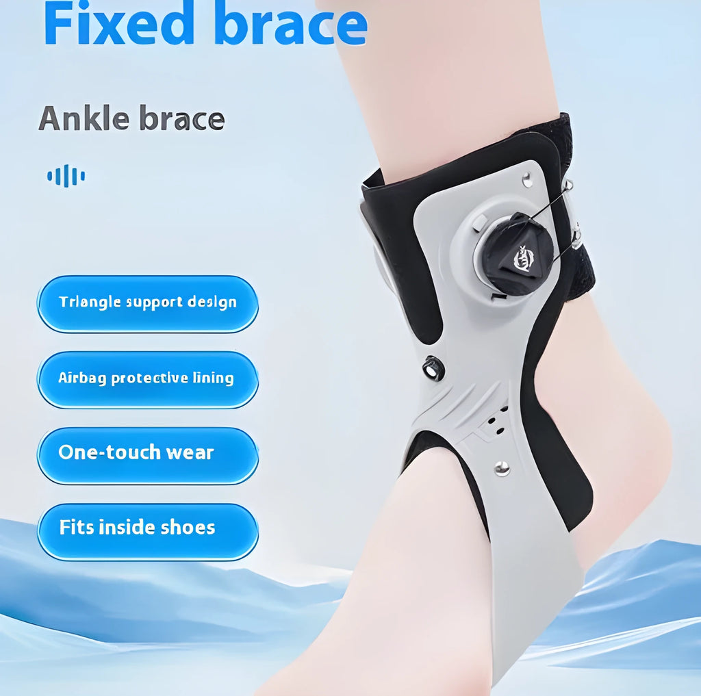 Grey and black ankle fixation brace with airbag button support mechanism for training and rehabilitation