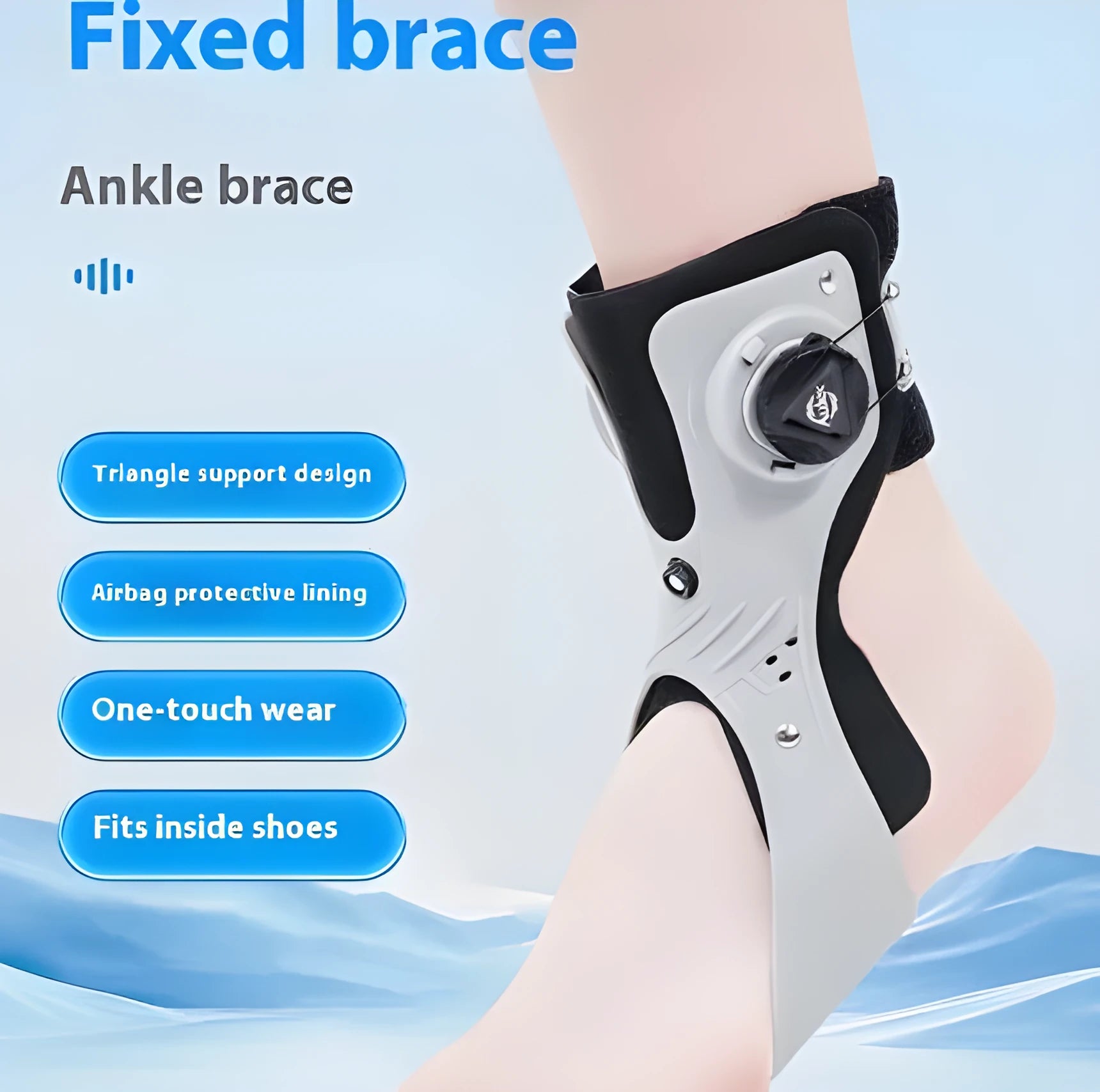 Grey and black ankle fixation brace with airbag button support mechanism for training and rehabilitation