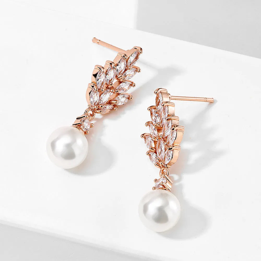 Micro inlaid zircon pearl earrings with geometric floral design in three plating colour options