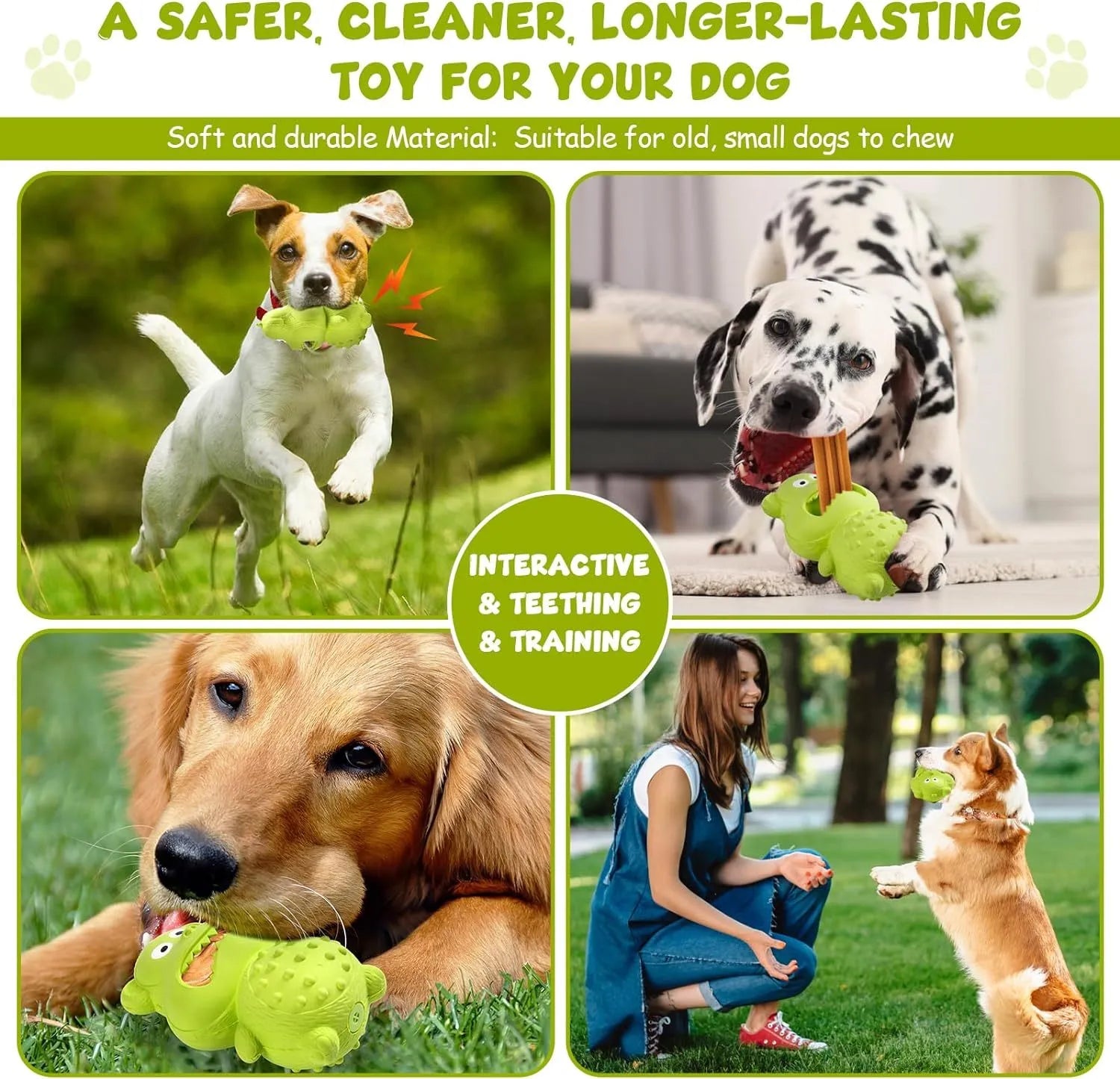 Green natural rubber dog toy for aggressive chewers with squeaker and fillable centre