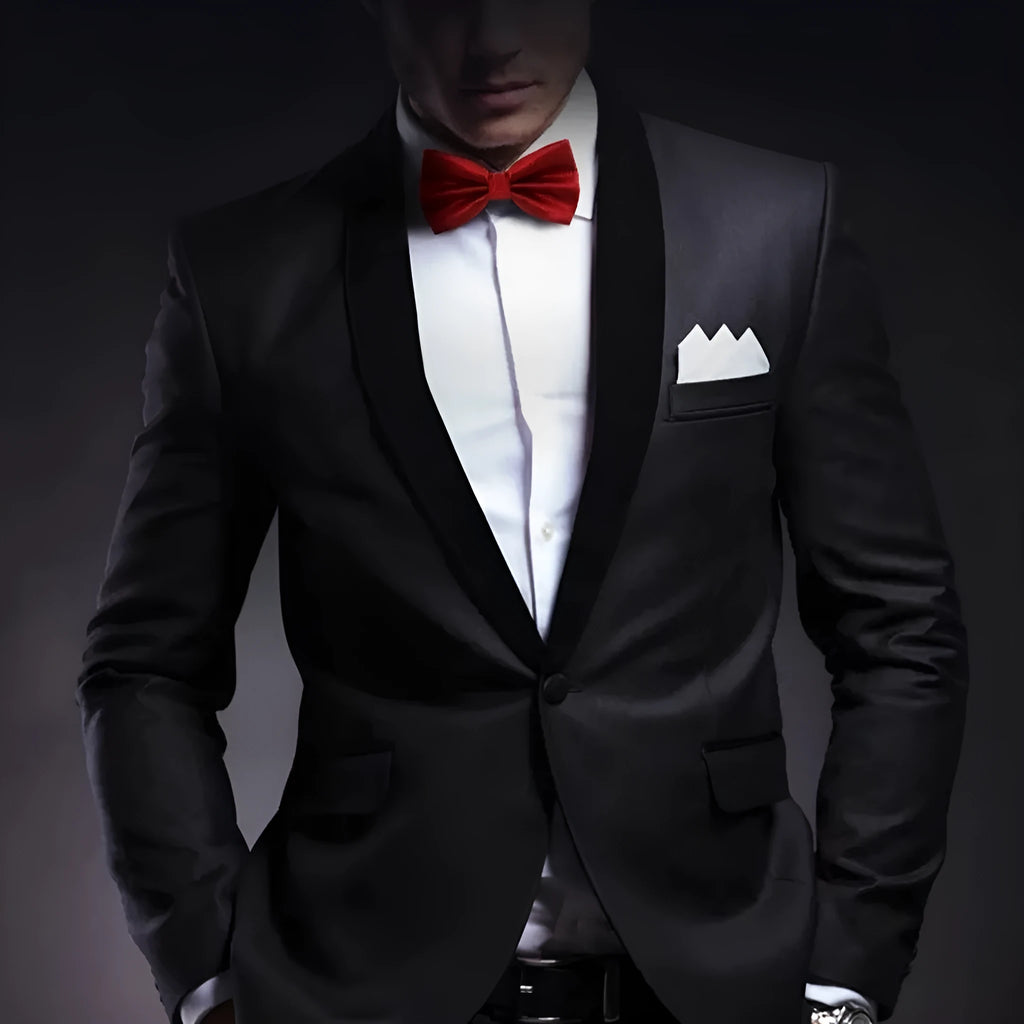 Flat head style polyester bow tie showing traditional formal design