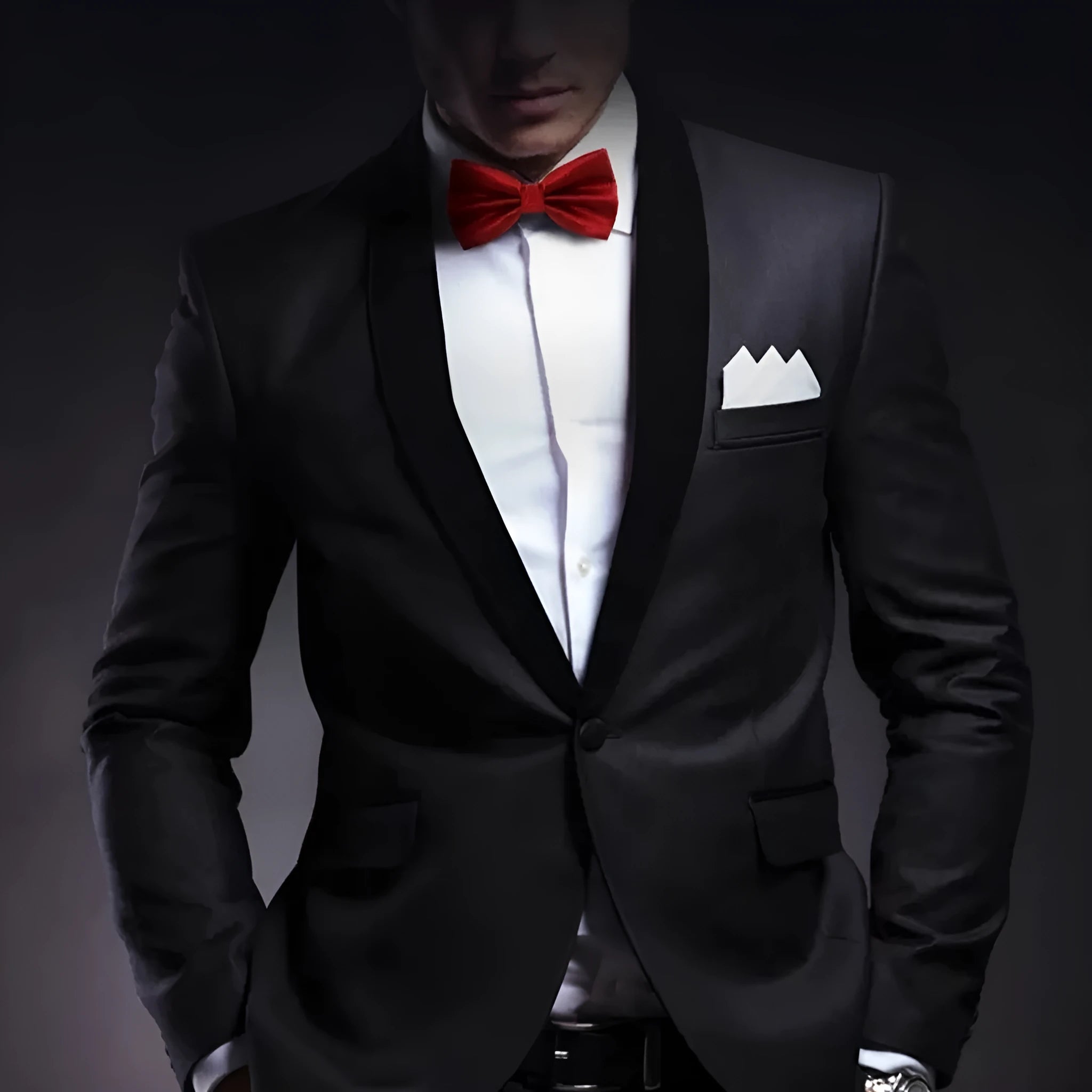Flat head style polyester bow tie showing traditional formal design