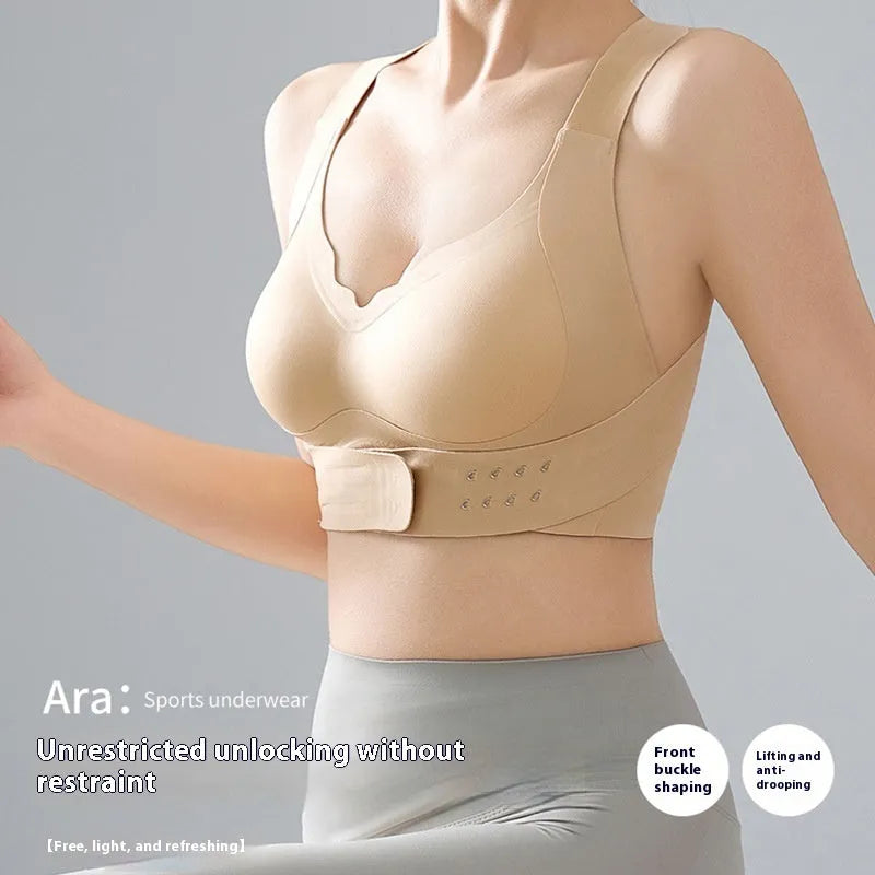 Women's cross exercise yoga bra with front buckle closure in three colour options